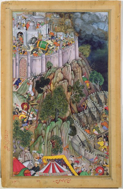 Akbars Truppen belagern das Fort von Rai Surjan Hada in Ranthambhor, Rajasthan, 1569, aus dem Akbarnama, Mughal, ca. 1590-95 von Indian School